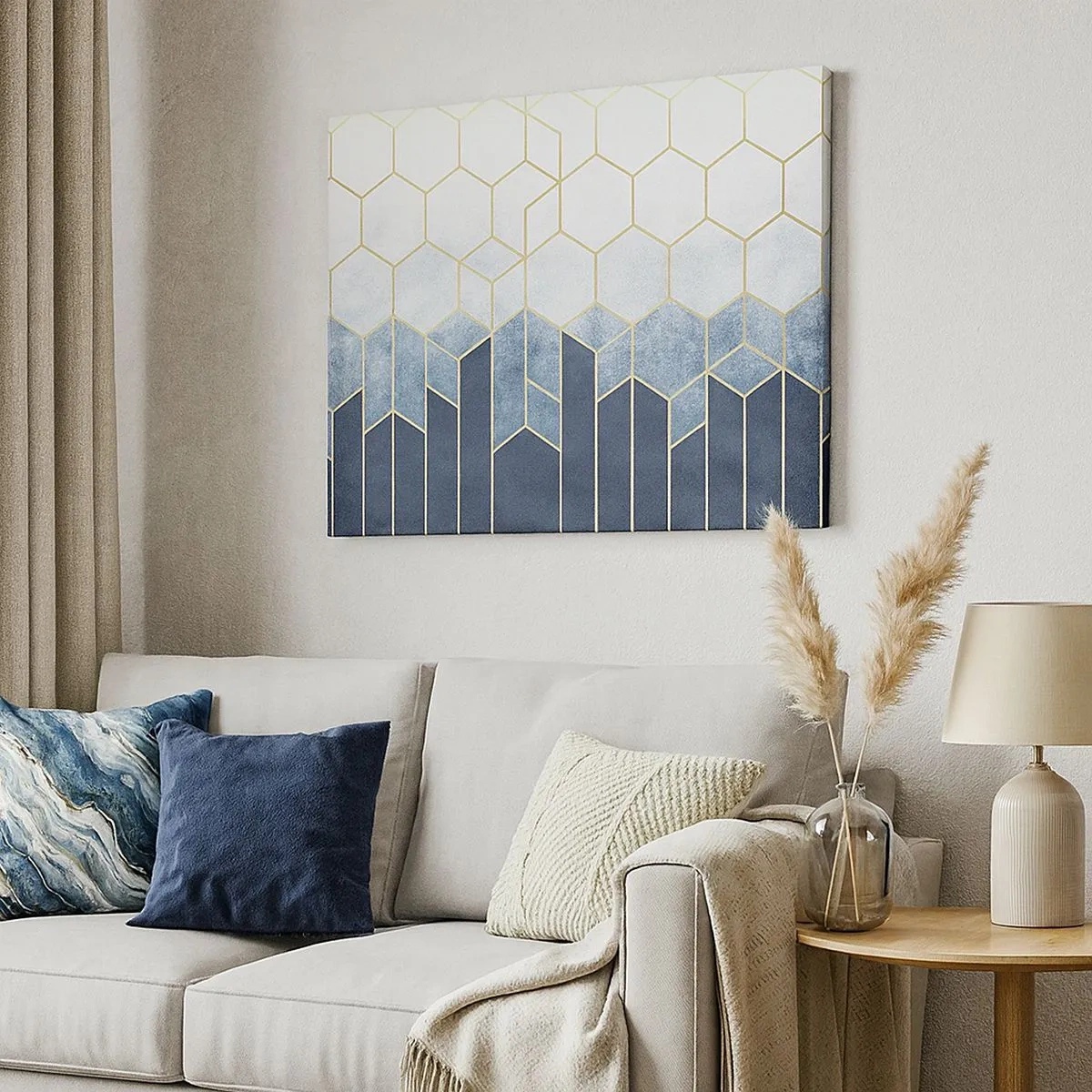 Bild auf Leinwand - Leinwandbild - Geometrisches Muster in Gold- und Marineblautönen - 70x50cm - Komposition im synkopischen Rhythmus - Moderne Wanddekoration für Wohnzimmer und Schlafzimmer ARTTOR