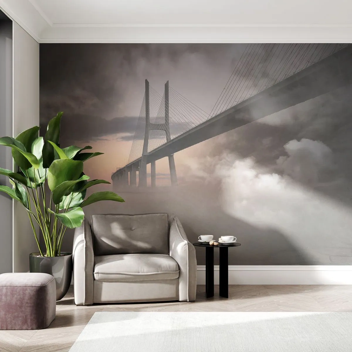 Fototapete Premium Sand - Moderne Brücke im Nebel bei Sonnenuntergang - 100x70cm - Auf dem Fluss, den es nicht gibt - Moderne Wanddekoration für Wohnzimmer und Schlafzimmer ARTTOR