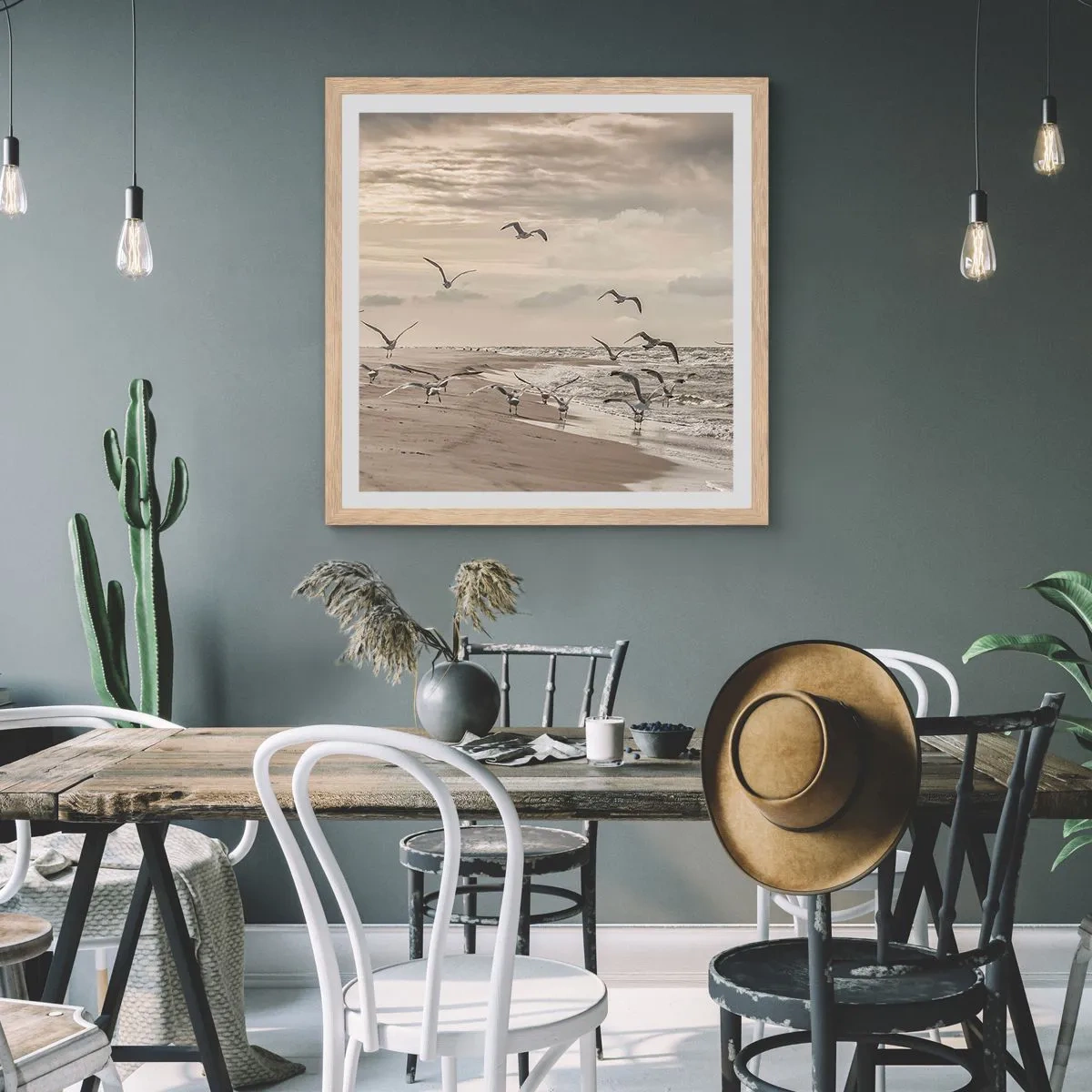 Poster in einem Rahmen aus heller Eiche - Meeresrauschen, Vogelgesang - 60x60 cm