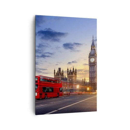 Bild auf Leinwand - Leinwandbild - Ein roter Bus mit Big Ben und den Houses of Parliament im Hintergrund in der Abenddämmerung. - 70x100cm - Spezielle Charaktere - Moderne Wanddekoration für Wohnzimmer und Schlafzimmer ARTTOR