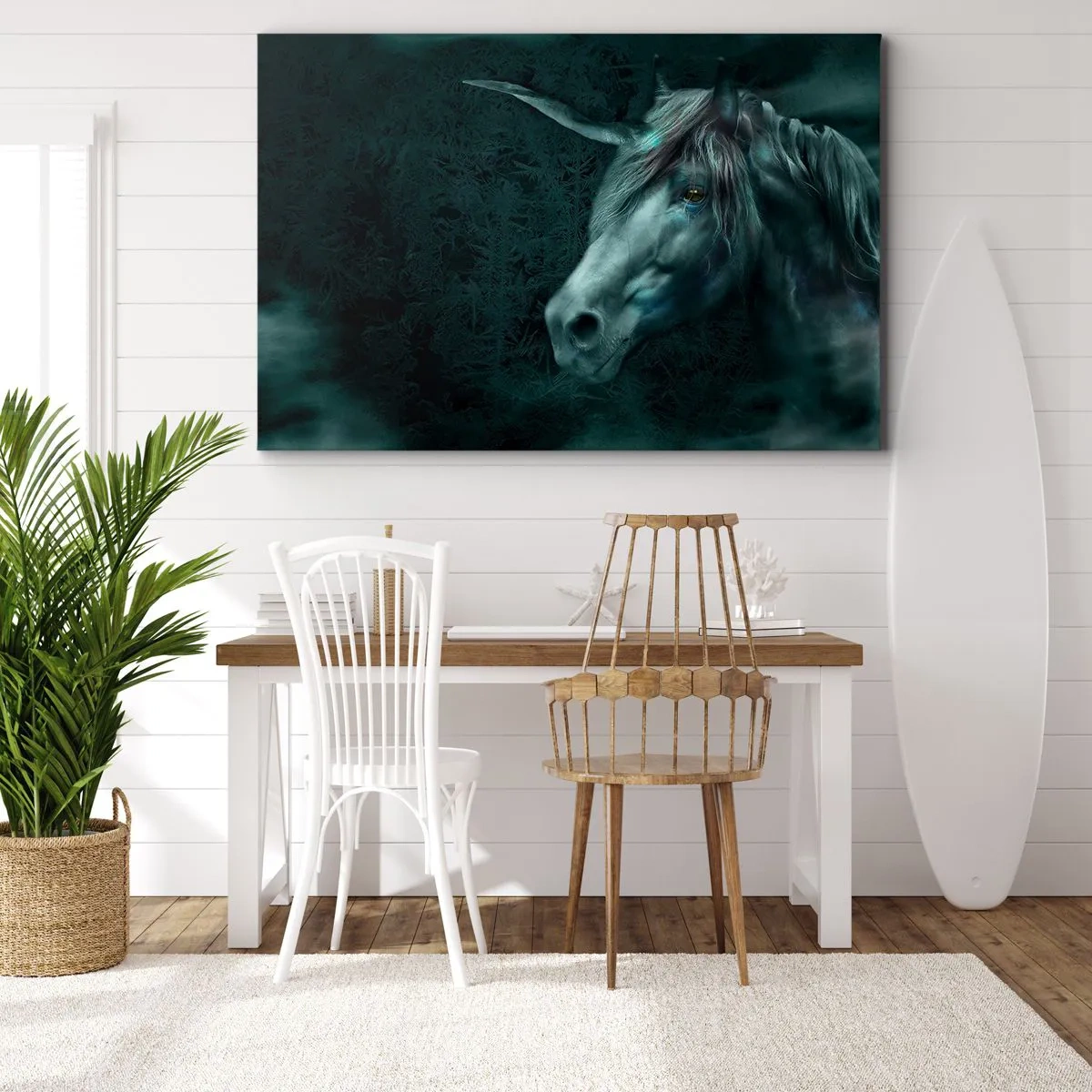 Bild auf Leinwand - Leinwandbild - Ein magisches Einhorn in einem geheimnisvollen, dunklen Wald mit Fantasiefarben. - 70x50cm - In einem Märchenwald - Moderne Wanddekoration für Wohnzimmer und Schlafzimmer ARTTOR