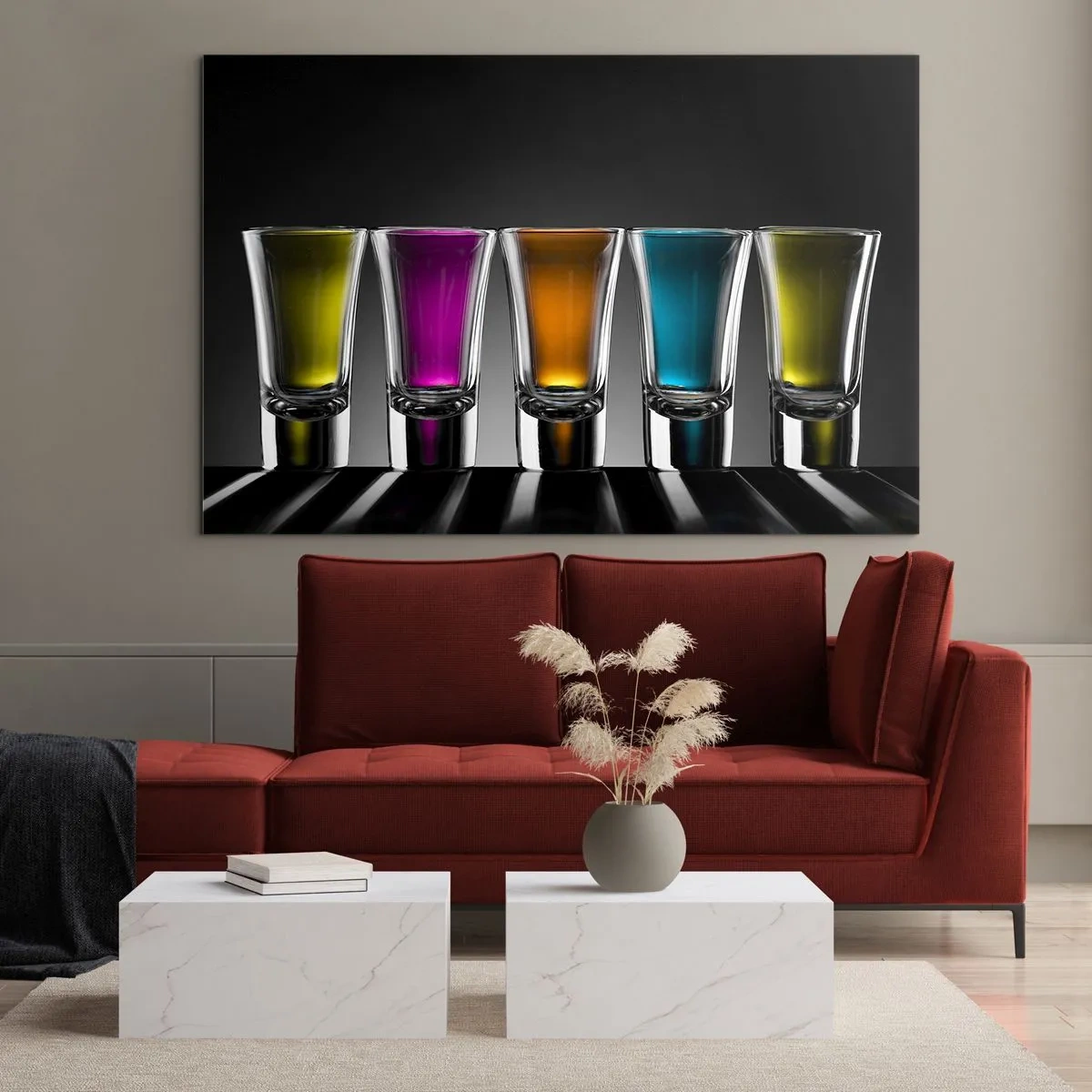 Glasbild - Bild auf glas - Bunte Gläser auf schwarzem Hintergrund im minimalistischen Stil - 70x50cm - Die Farben der Freude - Moderne Wanddekoration für Wohnzimmer und Schlafzimmer ARTTOR