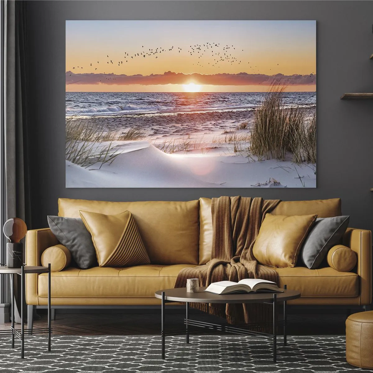 Glasbild - Bild auf glas - Sonnenuntergang über dem Meer mit Vögeln und Sanddünen - 70x50cm - Horizontale Landschaft - Moderne Wanddekoration für Wohnzimmer und Schlafzimmer ARTTOR