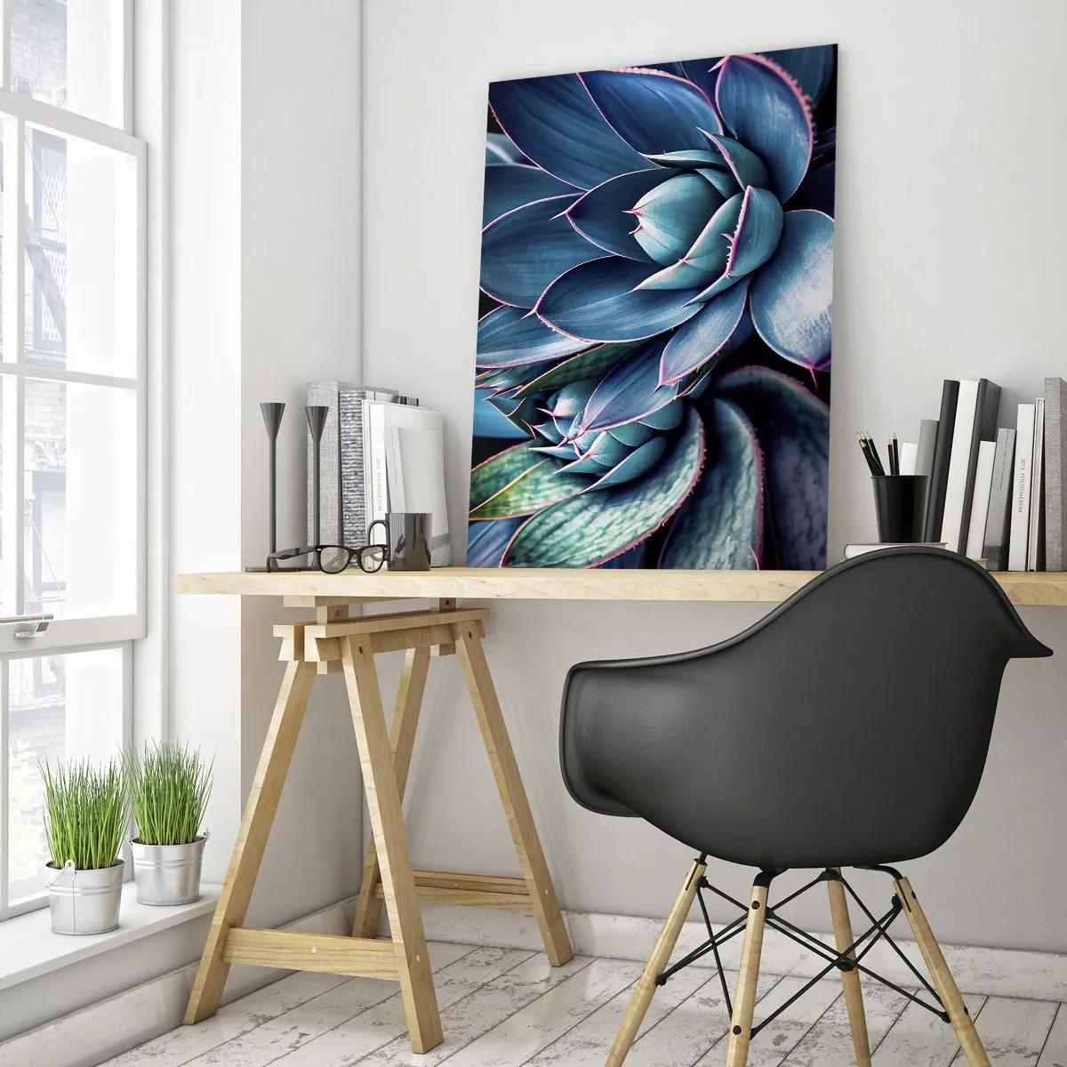 Glasbild - Bild auf glas - Agave in Blau- und Grüntönen mit rosa Akzenten - 80x120cm - Lebenskraft - Moderne Wanddekoration für Wohnzimmer und Schlafzimmer ARTTOR