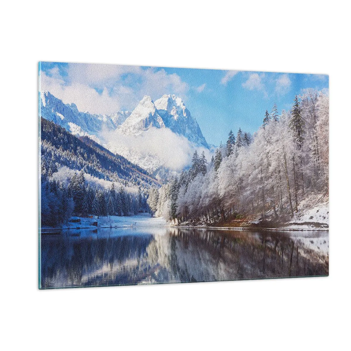 Glasbild - Bild auf glas - Winterlandschaft mit Bergen und einem zugefrorenen See - 120x80cm - Schneefang - Moderne Wanddekoration für Wohnzimmer und Schlafzimmer ARTTOR