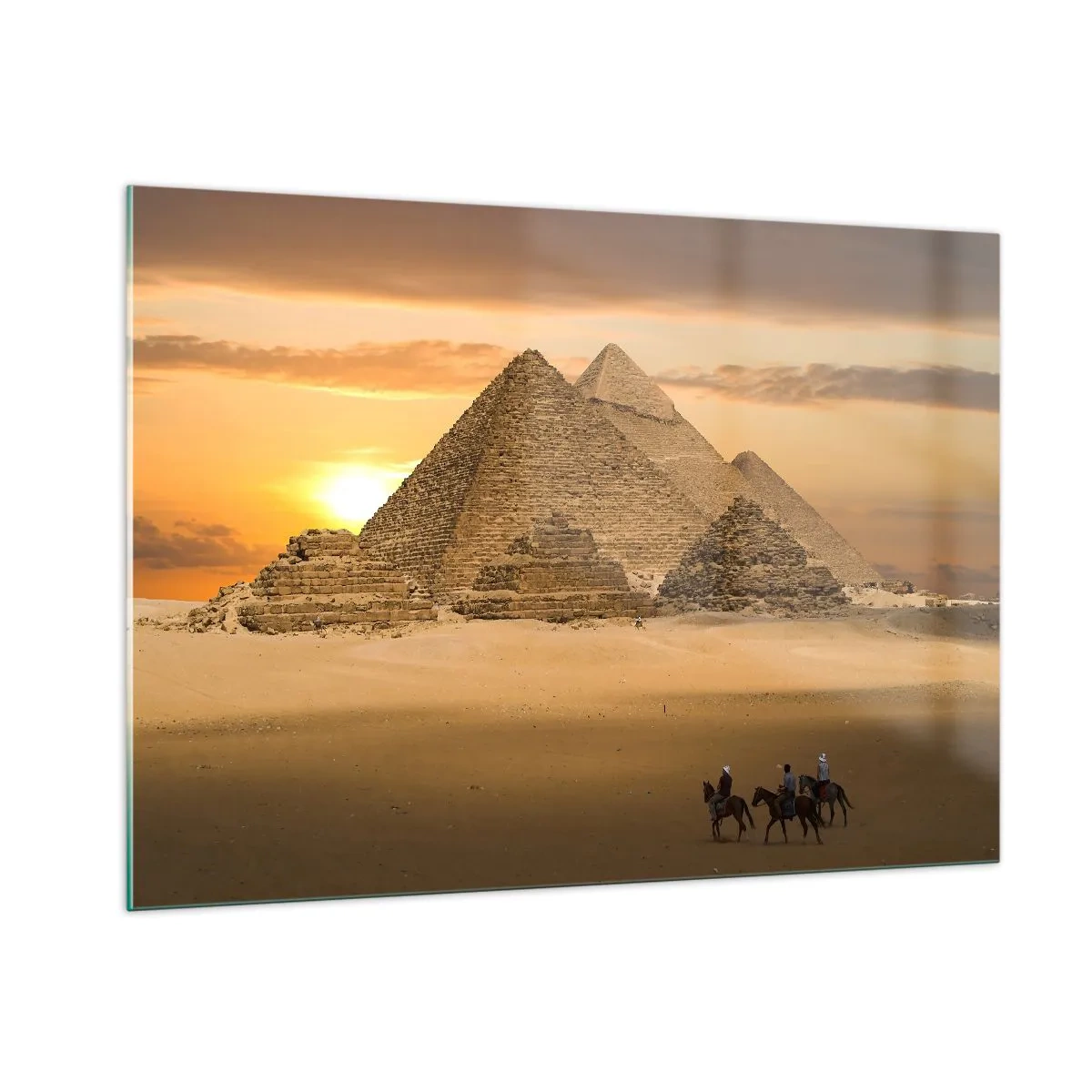 Glasbild - Bild auf glas - Die Pyramiden von Gizeh bei Sonnenuntergang mit Reitern auf Pferden - 100x70cm - Seit Tausenden von Jahren keine Veränderung - Moderne Wanddekoration für Wohnzimmer und Schlafzimmer ARTTOR