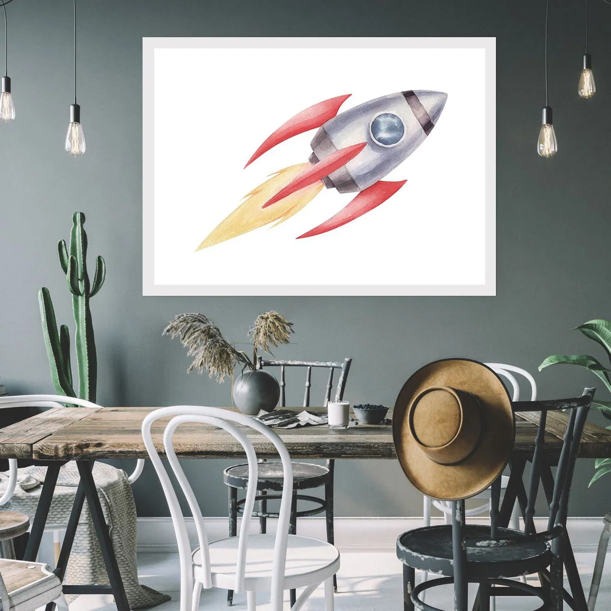 Poster - Rakete im Aquarellstil auf weißem Hintergrund - 100x70cm - Höher, schneller, weiter - Moderne Wanddekoration für Wohnzimmer und Schlafzimmer ARTTOR