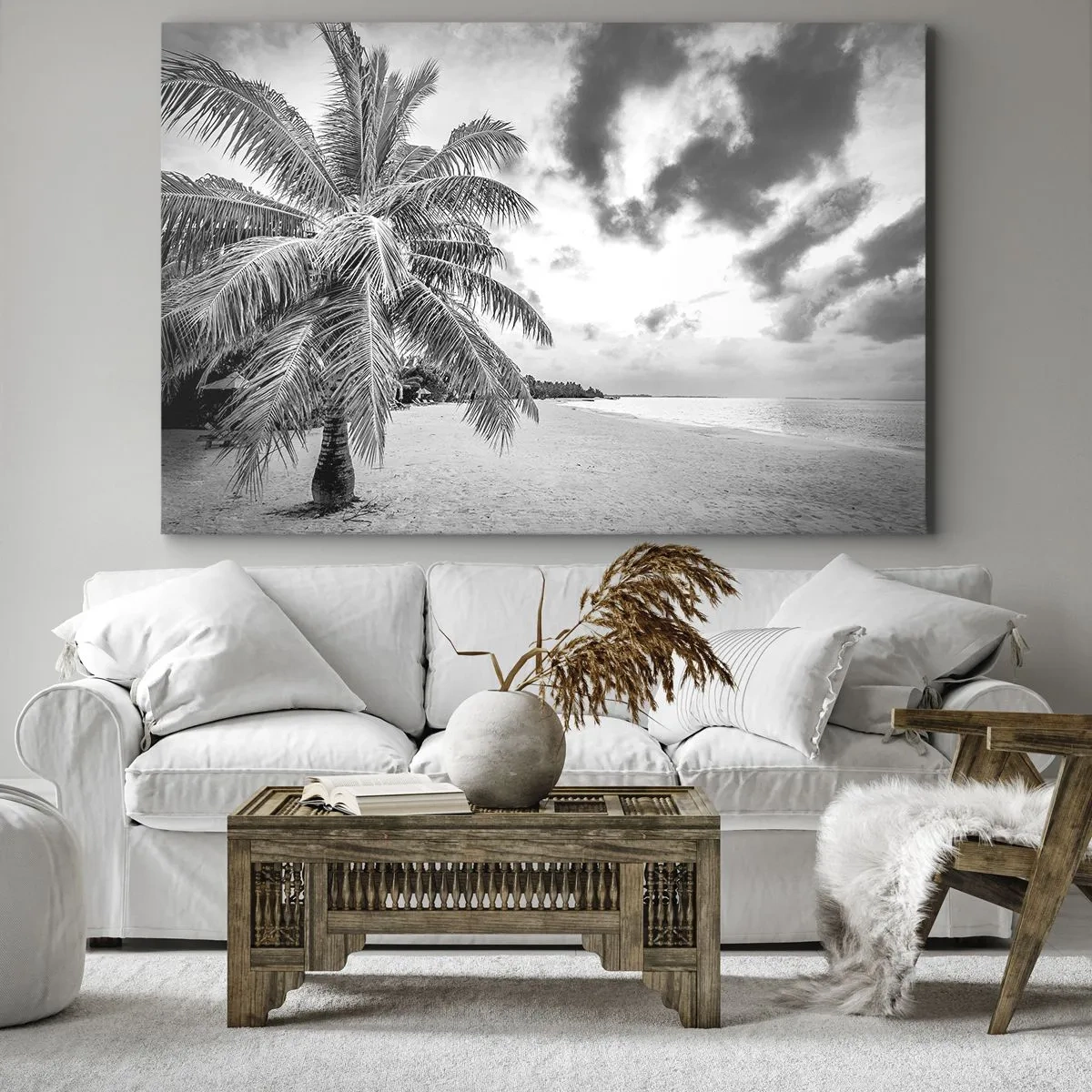 Bild auf Leinwand - Leinwandbild - Schwarz-weiße Palme an einem leeren Strand mit Wolken - 120x80cm - Wenn du dich nach Einsamkeit sehnst ... - Moderne Wanddekoration für Wohnzimmer und Schlafzimmer ARTTOR