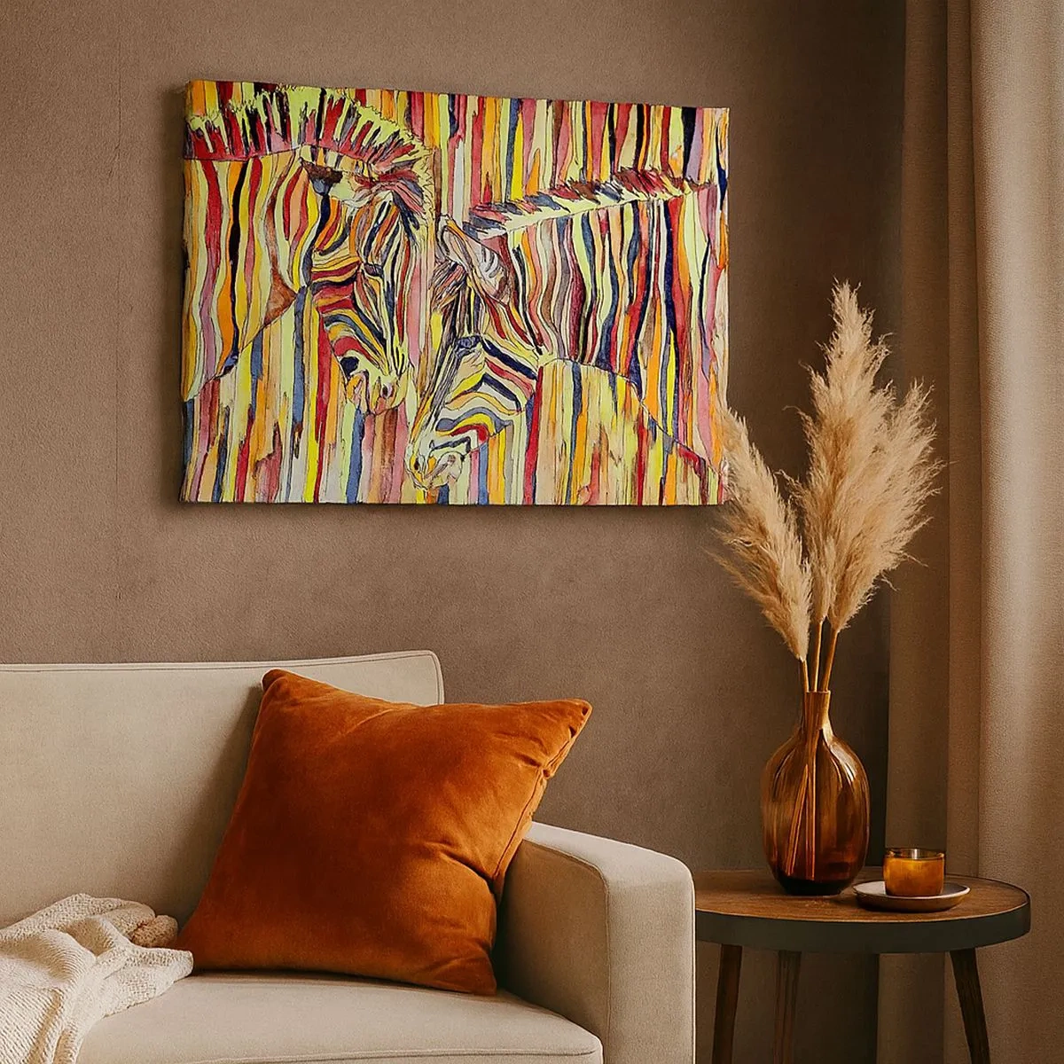 Bild auf Leinwand - Leinwandbild - Bunte Zebras vor einem Hintergrund aus abstrakten Streifen - 70x50cm - Also du auch... - Moderne Wanddekoration für Wohnzimmer und Schlafzimmer ARTTOR