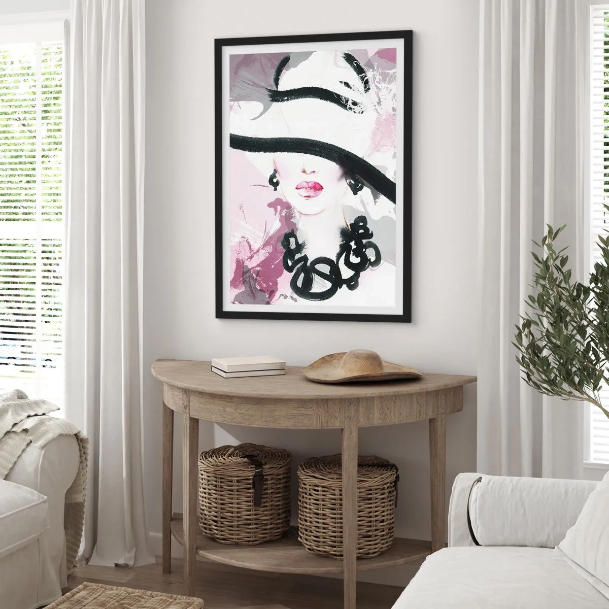 Poster in einem schwarzem Rahmen - Bildnis einer Dame in Schwarz und Pink - 40x50 cm