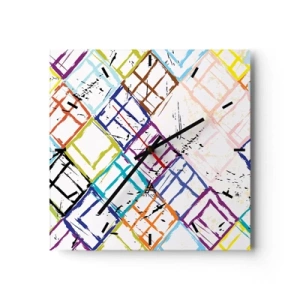 Wanduhr - Glasuhr - Bunte Abstraktion mit geometrischen Formen auf weißem Hintergrund - 30x30cm - Zellen zu vermieten - Moderne Wanddekoration für Wohnzimmer und Schlafzimmer ARTTOR