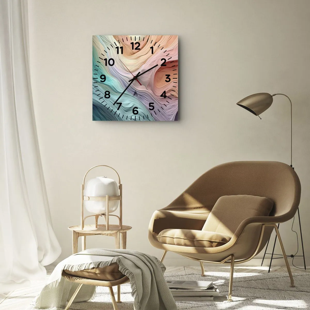 Wanduhr - Glasuhr - Abstrakte Wellen in Pastell- und Regenbogenfarben - 30x30cm - Regenbogenwelle - Moderne Wanddekoration für Wohnzimmer und Schlafzimmer ARTTOR
