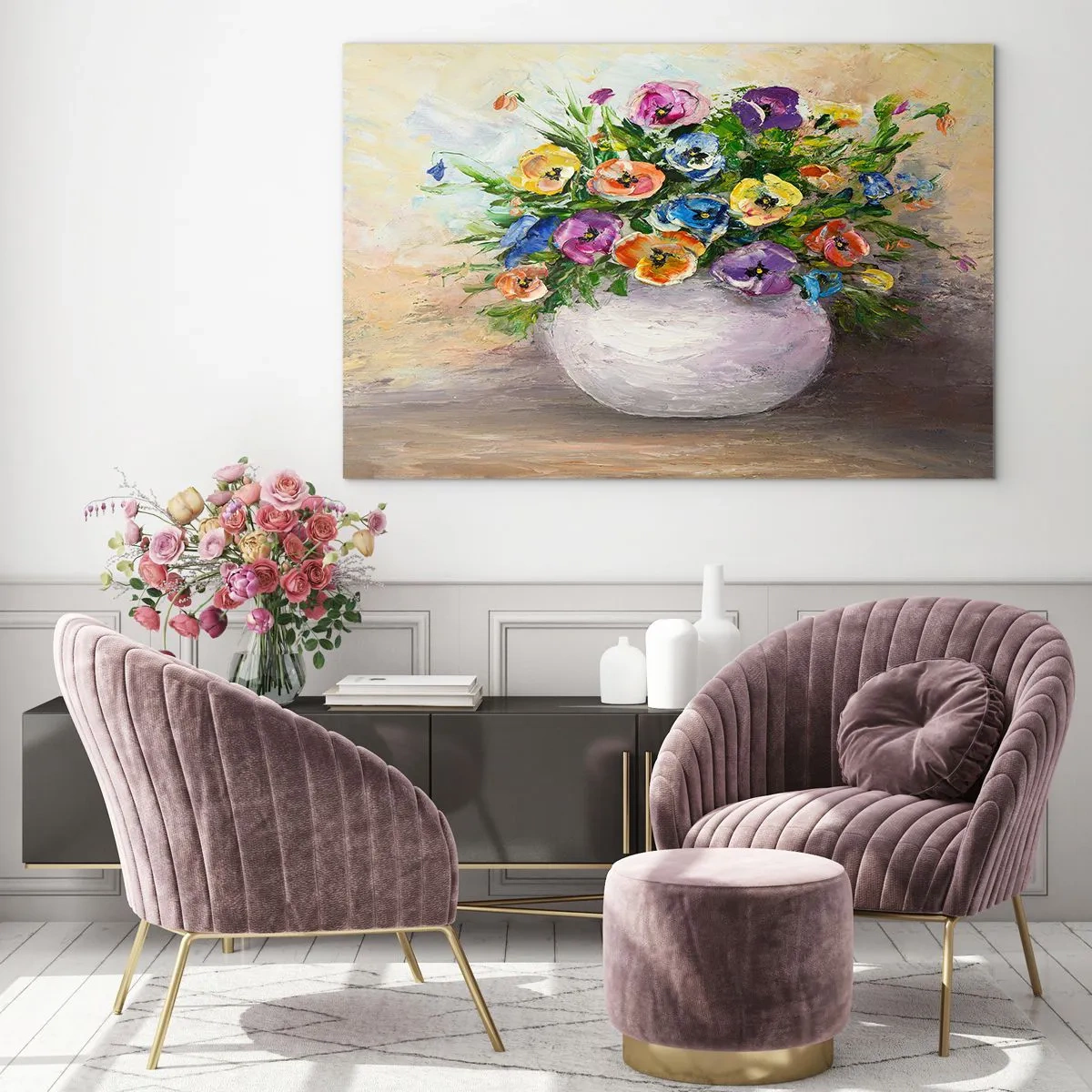 Glasbild - Bild auf glas - Ein Strauß bunter Blumen in einer weißen Vase - 70x50cm - Stillleben mit einer weißen Vase - Moderne Wanddekoration für Wohnzimmer und Schlafzimmer ARTTOR