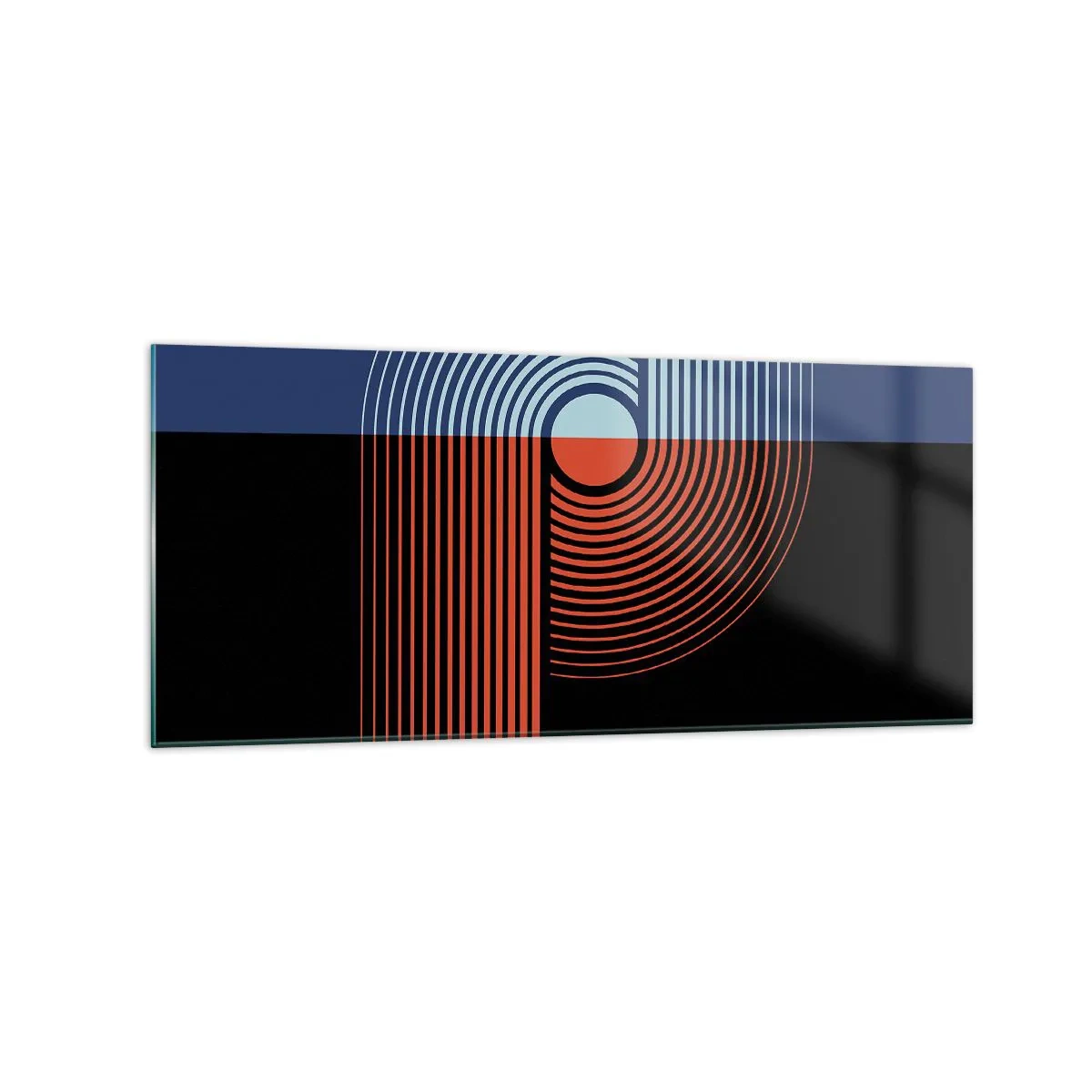 Glasbild - Bild auf glas - Geometrische Abstraktion mit Linien in Marineblau und Orange. - 120x50cm - In einer geometrischen Umarmung - Moderne Wanddekoration für Wohnzimmer und Schlafzimmer ARTTOR