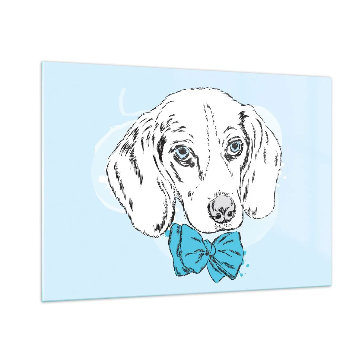 Glasbild - Bild auf glas - Zeichnung eines Hundes mit Fliege auf blauem Hintergrund - 100x70cm - Hunde-Eleganz - Moderne Wanddekoration für Wohnzimmer und Schlafzimmer ARTTOR