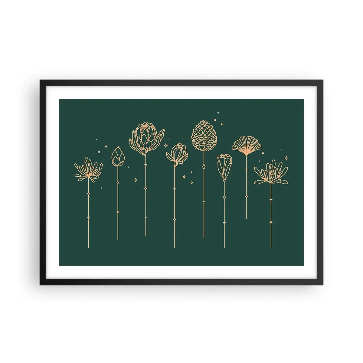 Poster in einem schwarzem Rahmen - Goldene Zeichnungen von Kräutern auf dunkelgrünem Hintergrund - 70x50cm - Familie ZIÓŁkowski - Moderne Wanddekoration für Wohnzimmer und Schlafzimmer ARTTOR