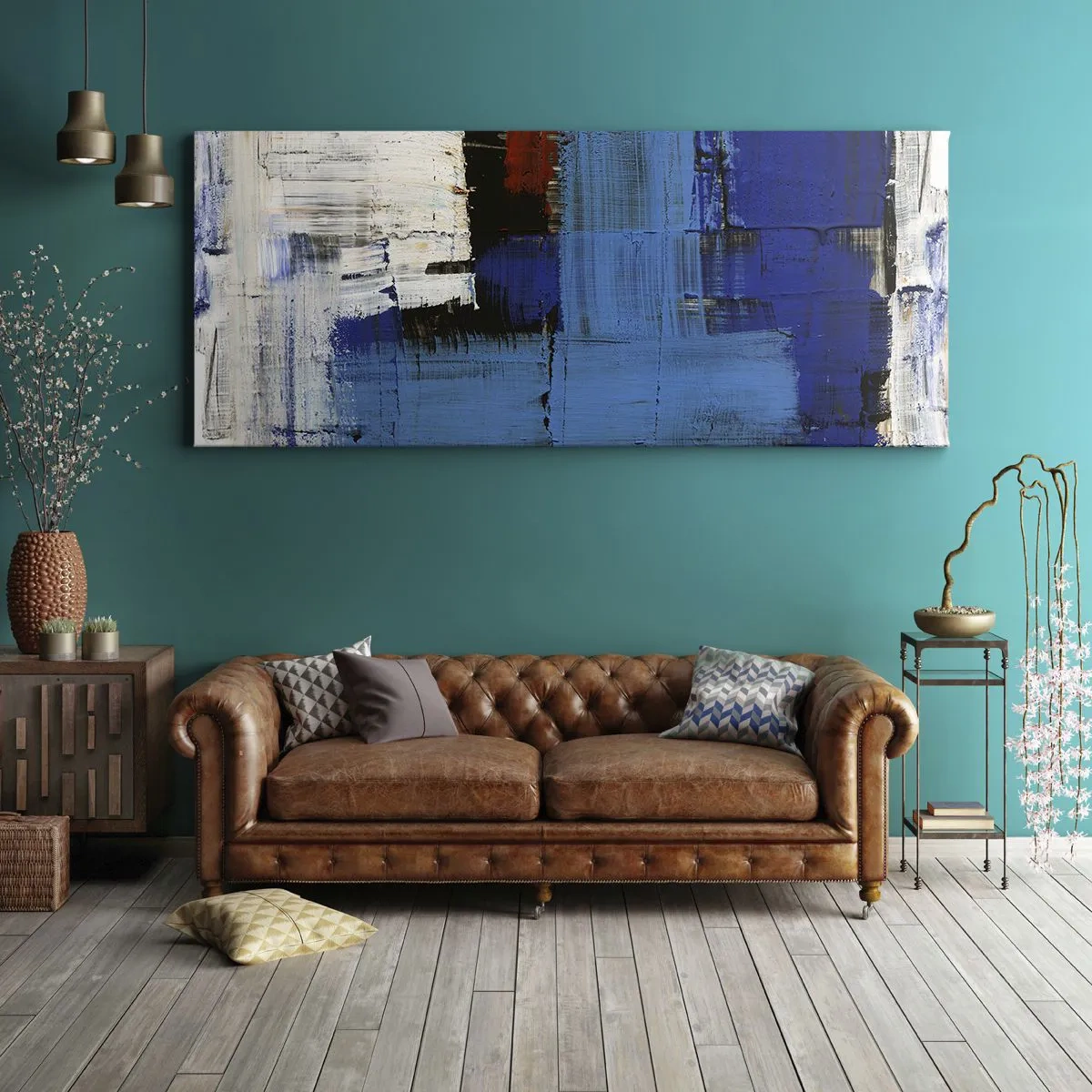 Bild auf Leinwand - Leinwandbild - Abstrakte Komposition in Blau- und Weißtönen - 160x50cm - Geheimnis ist blau - Moderne Wanddekoration für Wohnzimmer und Schlafzimmer ARTTOR