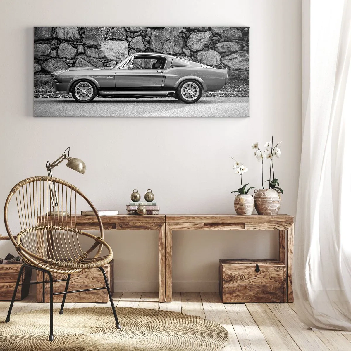 Bild auf Leinwand - Leinwandbild - Schwarz-Weiß-Foto eines Oldtimers - 120x50cm - Die Legende der 1960er - Moderne Wanddekoration für Wohnzimmer und Schlafzimmer ARTTOR