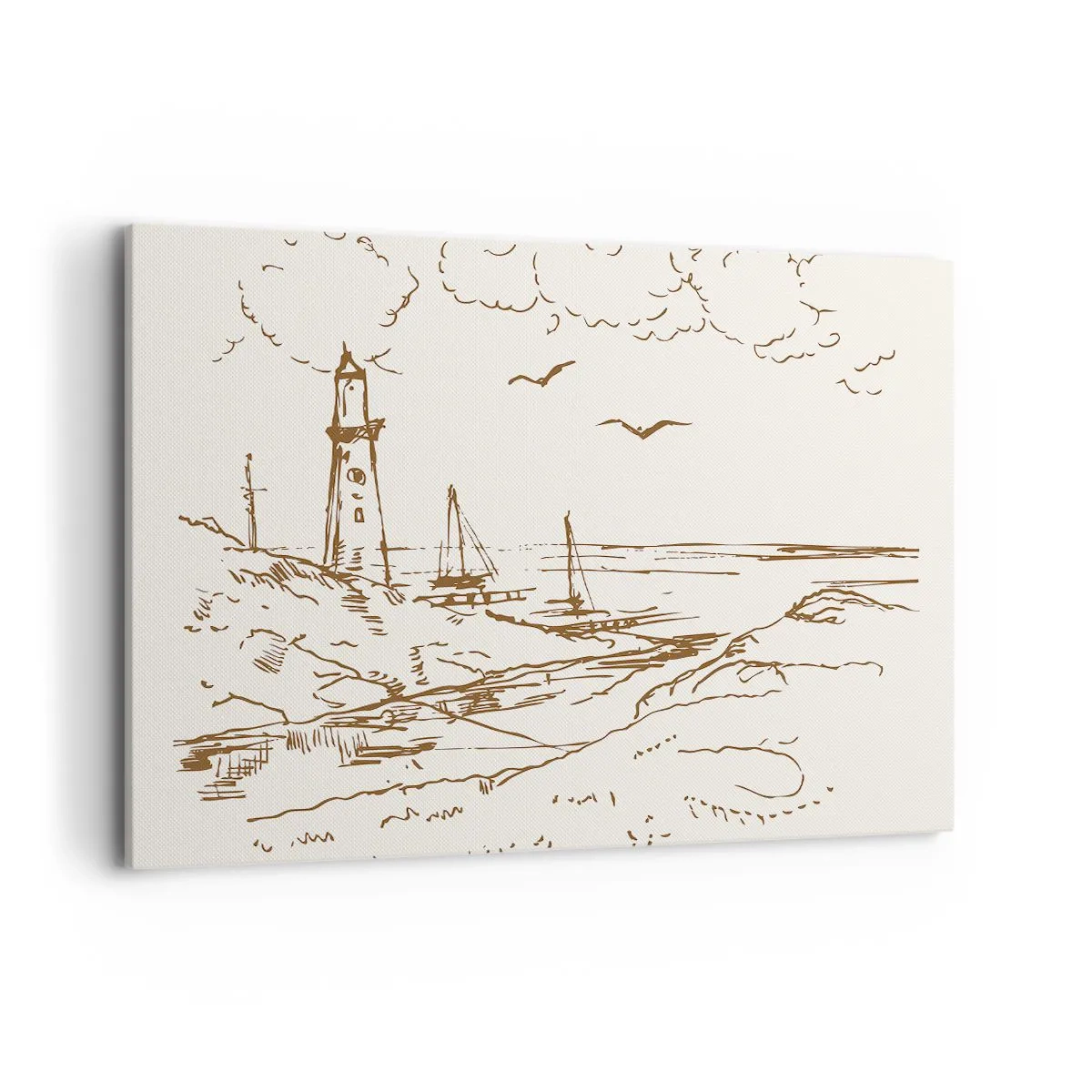 Bild auf Leinwand - Leinwandbild - Skizze eines Leuchtturms mit Blick auf das Meer - 120x80cm - Ein Überblick über die Erinnerungen an den Sommer - Moderne Wanddekoration für Wohnzimmer und Schlafzimmer ARTTOR