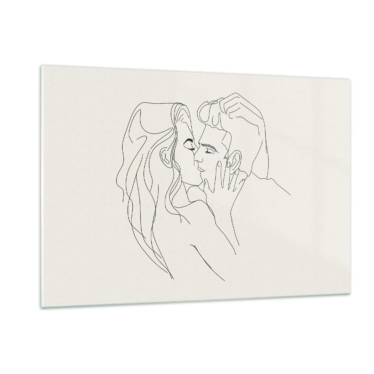 Glasbild - Bild auf glas - Ein sinnlicher Kuss eines Paares in der Konturlinie - 120x80cm - Verstrickt im Gefühl - Moderne Wanddekoration für Wohnzimmer und Schlafzimmer ARTTOR