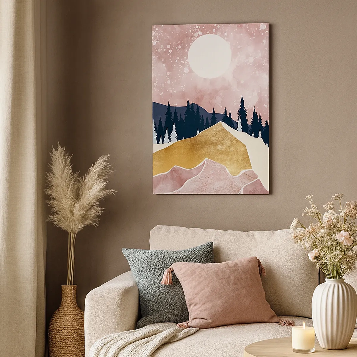 Bild auf Leinwand - Leinwandbild - Bunte Berge vor einem rosa Himmel mit einem Mond - 50x70cm - Nachtwache - Moderne Wanddekoration für Wohnzimmer und Schlafzimmer ARTTOR