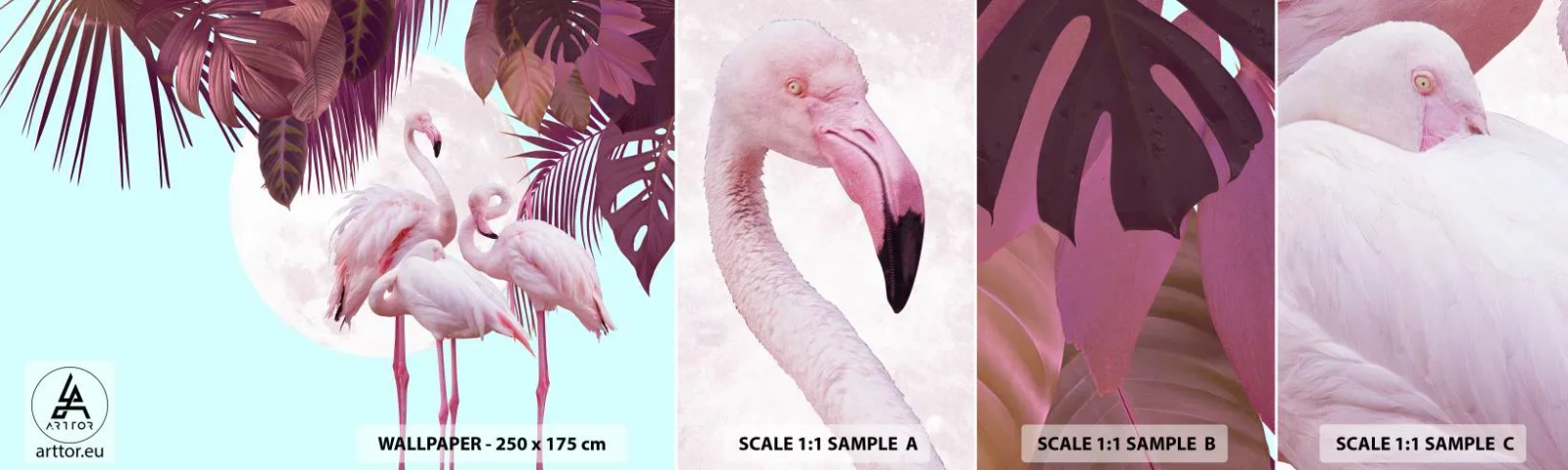 Fototapeten Muster Selbstklebend Deluxe Sticker - Drei Vogelgnaden - Flamingos, Vögel, Natur - 100x30 cm