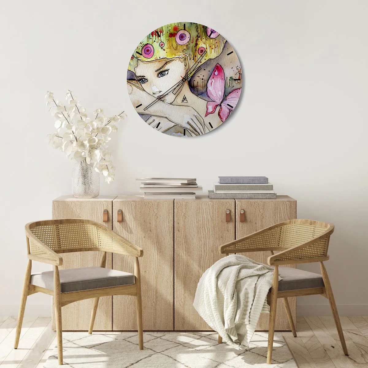 Wanduhr - Glasuhr - Ein Aquarellgemälde einer Frau mit Schmetterlingsmotiv und farbenfrohen Details. - 30x30cm - Schmetterlingsprinzessin - Moderne Wanddekoration für Wohnzimmer, Küche und Schlafzimmer ARTTOR