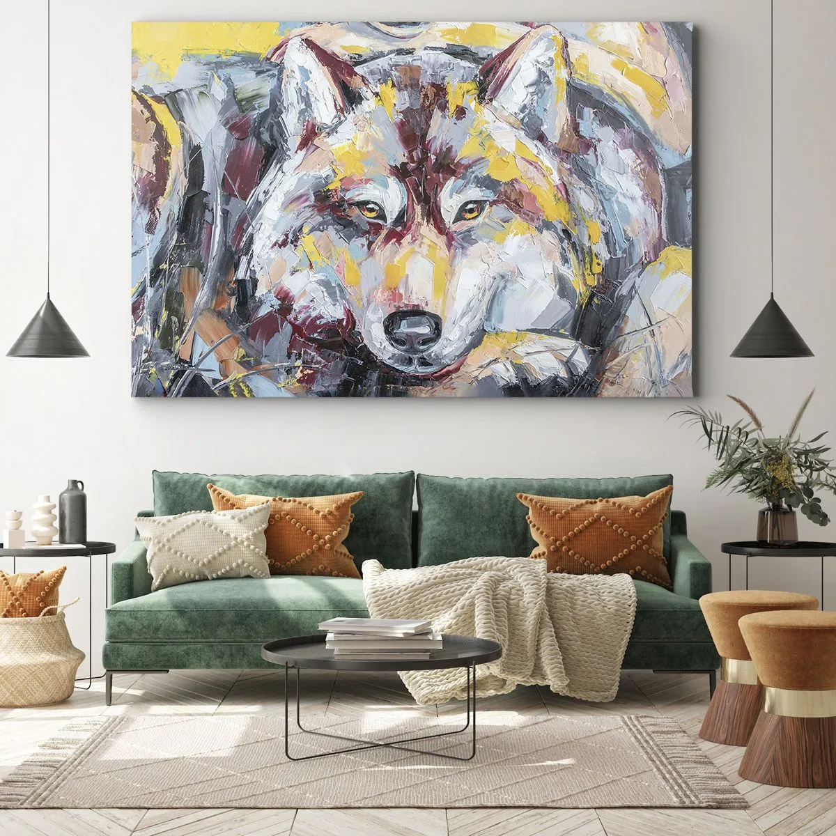 Bild auf Leinwand - Leinwandbild - Künstlerisches Wolfsportrait in intensiven Farben - 120x80cm - Seelenfrieden unter den Lieben - Moderne Wanddekoration für Wohnzimmer und Schlafzimmer ARTTOR