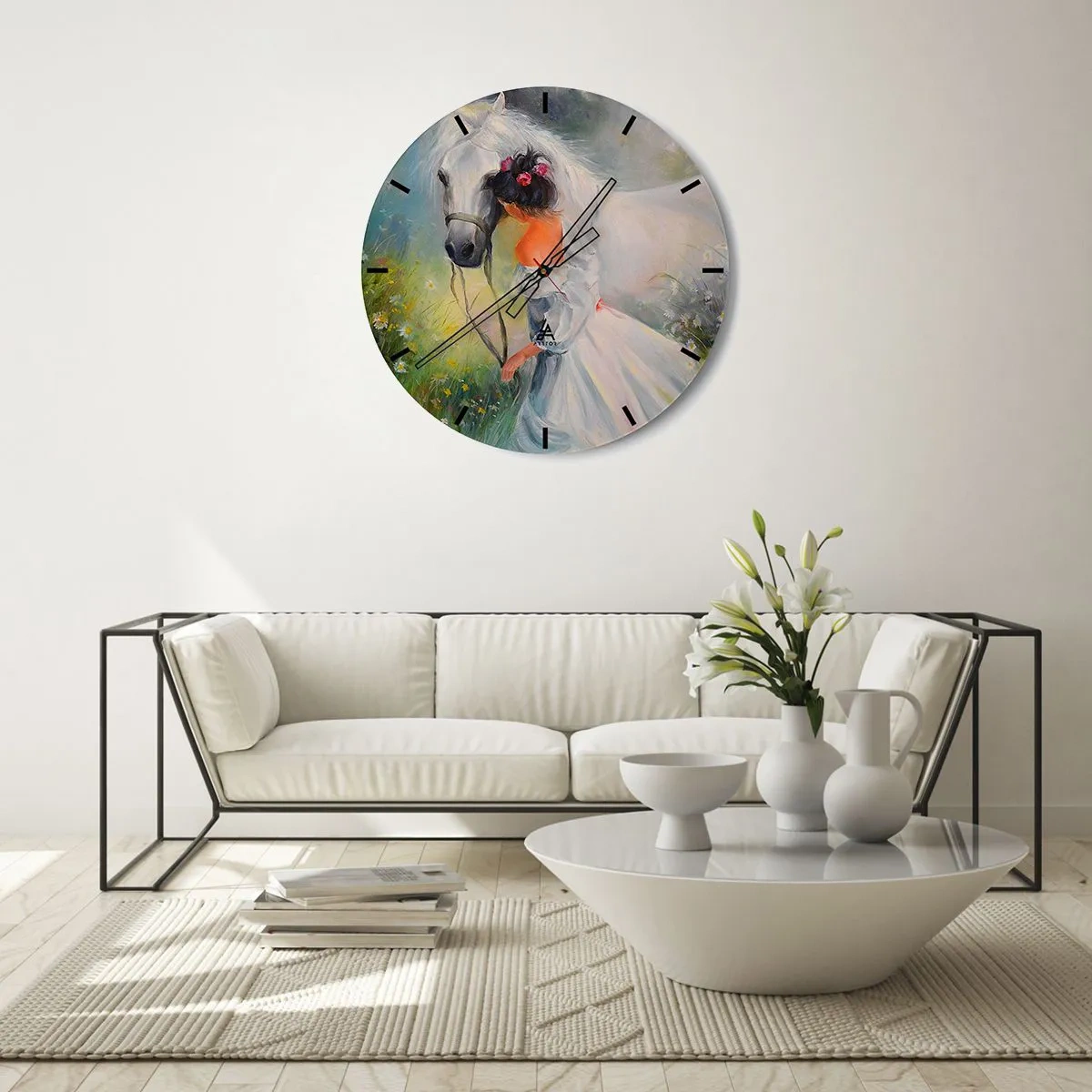Wanduhr - Glasuhr - Eine Frau in einem weißen Kleid mit einem weißen Pferd auf einer Wiese - 30x30cm - Wie aus einem schönen Traum - Moderne Wanddekoration für Wohnzimmer, Küche und Schlafzimmer ARTTOR