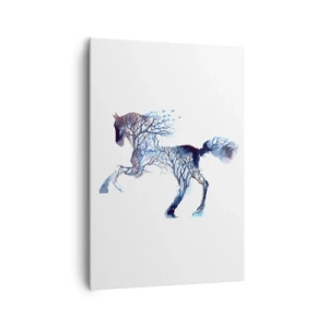 Bild auf Leinwand - Leinwandbild - Künstlerische Pferdegrafik mit Baum- und Vogelmotiven - 70x100cm - Und als wäre der Wald umgezogen - Moderne Wanddekoration für Wohnzimmer und Schlafzimmer ARTTOR