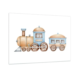 Glasbild - Bild auf glas - Illustration einer Dampflok in Blau- und Beigetönen auf weißem Hintergrund - 100x70cm - Am Bahnhof steht ... - Moderne Wanddekoration für Wohnzimmer und Schlafzimmer ARTTOR