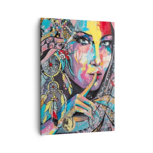 Bild auf Leinwand - Leinwandbild - Buntes weibliches Gesicht im künstlerischen Stil - 50x70cm - Sei still, bis du verstehst - Moderne Wanddekoration für Wohnzimmer und Schlafzimmer ARTTOR