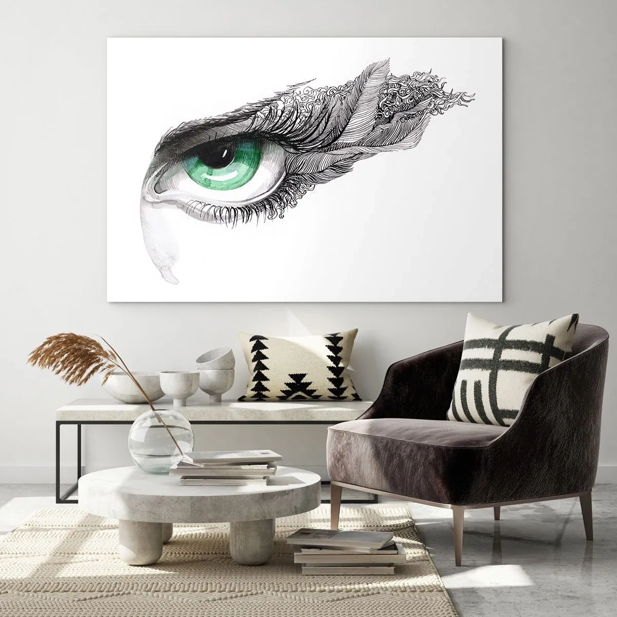 Glasbild - Bild auf glas - Grünes Auge mit Federdetails und abstrakten Mustern - 70x50cm - Schön und bereit zum Angriff - Moderne Wanddekoration für Wohnzimmer und Schlafzimmer ARTTOR