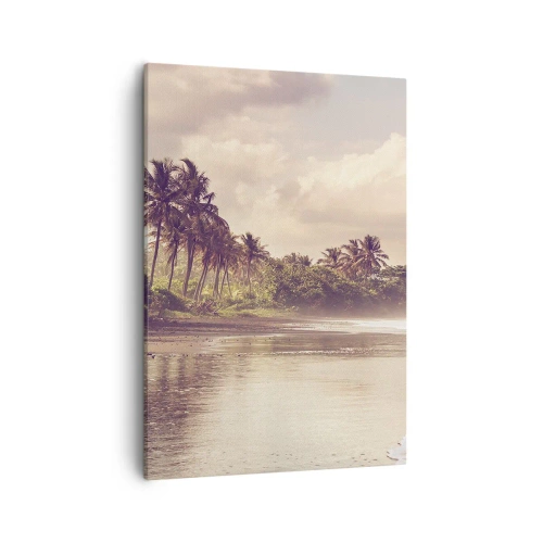 Bild auf Leinwand - Leinwandbild - Ein Strand mit Palmen und sanften Wellen am Morgen - 50x70cm - Die Liebkosung der Wellen - Moderne Wanddekoration für Wohnzimmer und Schlafzimmer ARTTOR