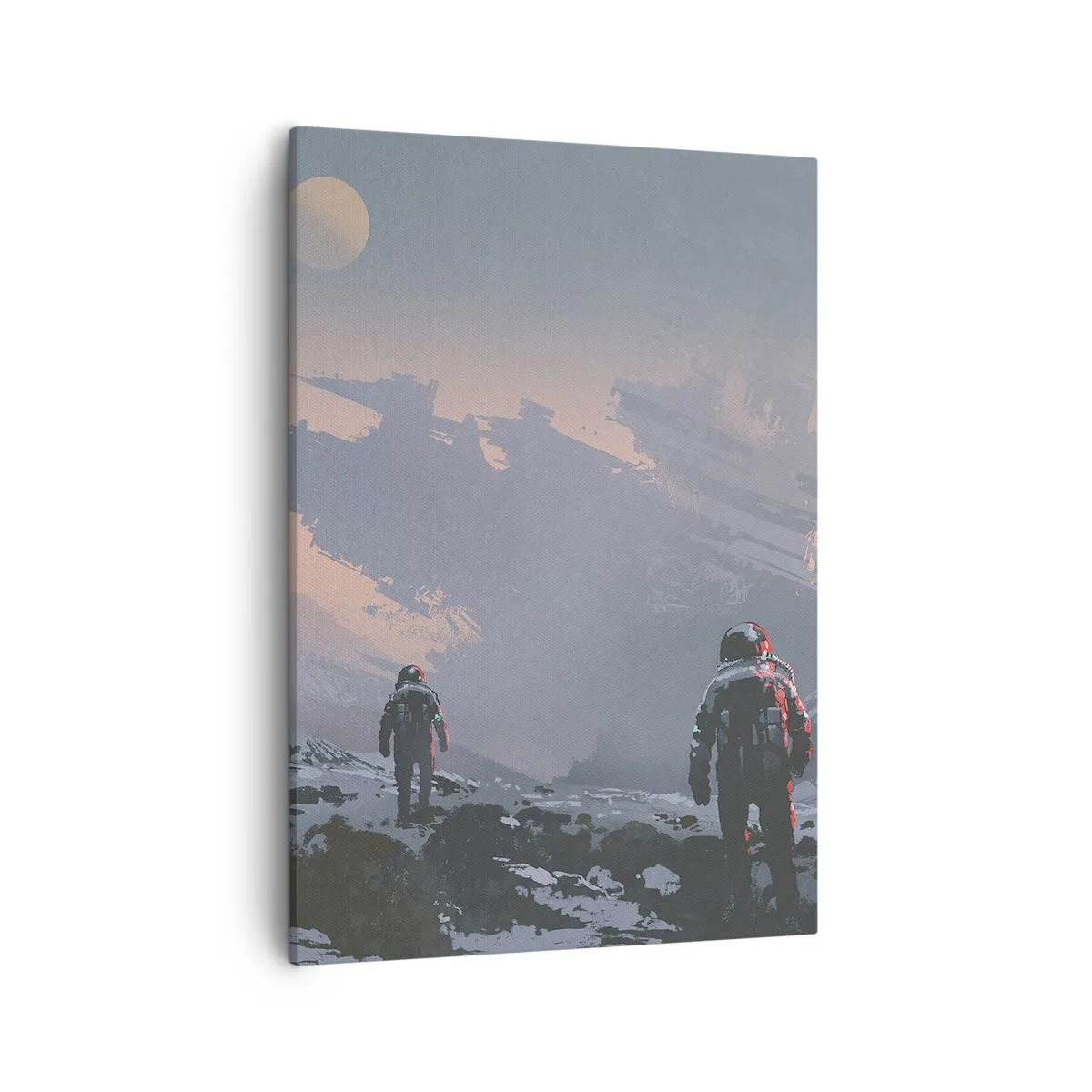 Bild auf Leinwand - Leinwandbild - Astronauten auf einem fremden Planeten mit einem Raumschiffwrack - 50x70cm - Unter einem unbekannten Stern - Moderne Wanddekoration für Wohnzimmer und Schlafzimmer ARTTOR