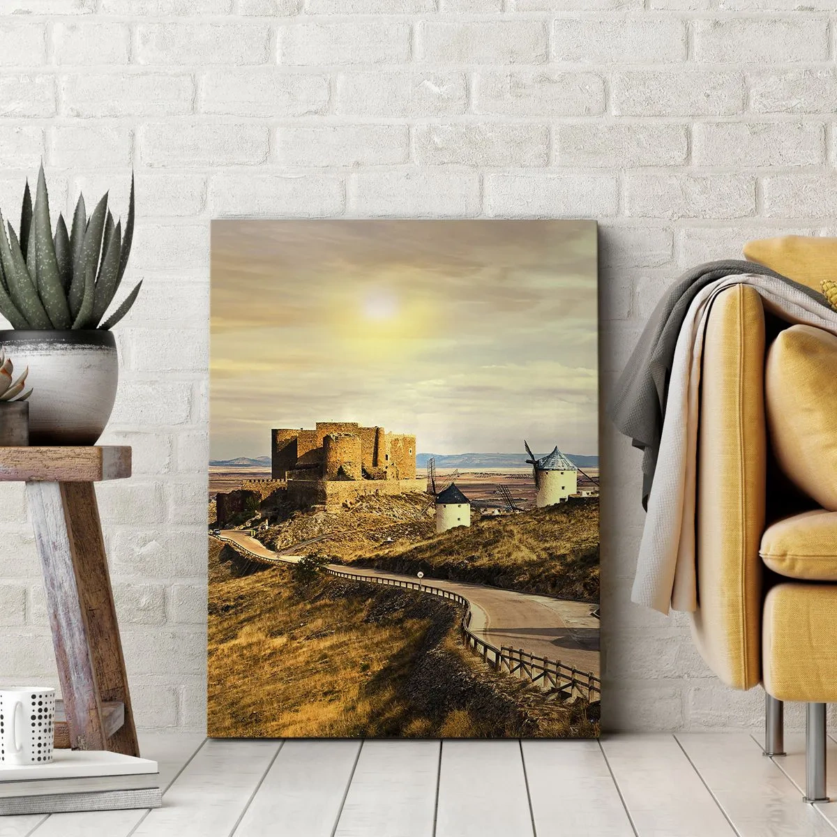 Bild auf Leinwand - Leinwandbild - Windmühlen auf den Hügeln mit einer historischen Burg im Hintergrund - 70x100cm - Don Quijote kommt gleich - Moderne Wanddekoration für Wohnzimmer und Schlafzimmer ARTTOR