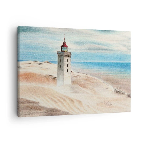 Bild auf Leinwand - Leinwandbild - Ein Leuchtturm, umgeben von Sanddünen und blauem Himmel - 70x50cm - Immer aufs Meer starrend - Moderne Wanddekoration für Wohnzimmer und Schlafzimmer ARTTOR
