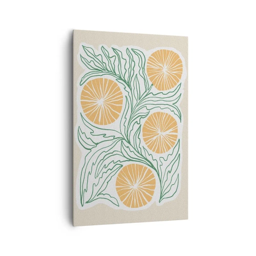 Bild auf Leinwand - Leinwandbild - Ein minimalistisches orangefarbenes Motiv mit grünen Blättern - 80x120cm - Ethnisch mit einem Hauch von Abstraktion - Moderne Wanddekoration für Wohnzimmer und Schlafzimmer ARTTOR