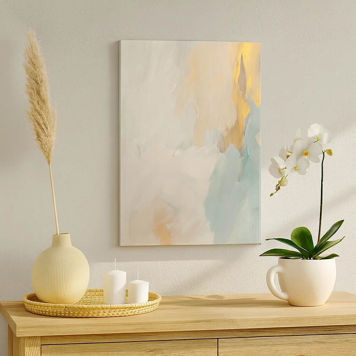 Bild auf Leinwand - Leinwandbild - Zarte abstrakte Striche in Weiß- und Goldtönen - 50x70cm - Abstraktion – das Land der Sanftheit - Moderne Wanddekoration für Wohnzimmer und Schlafzimmer ARTTOR