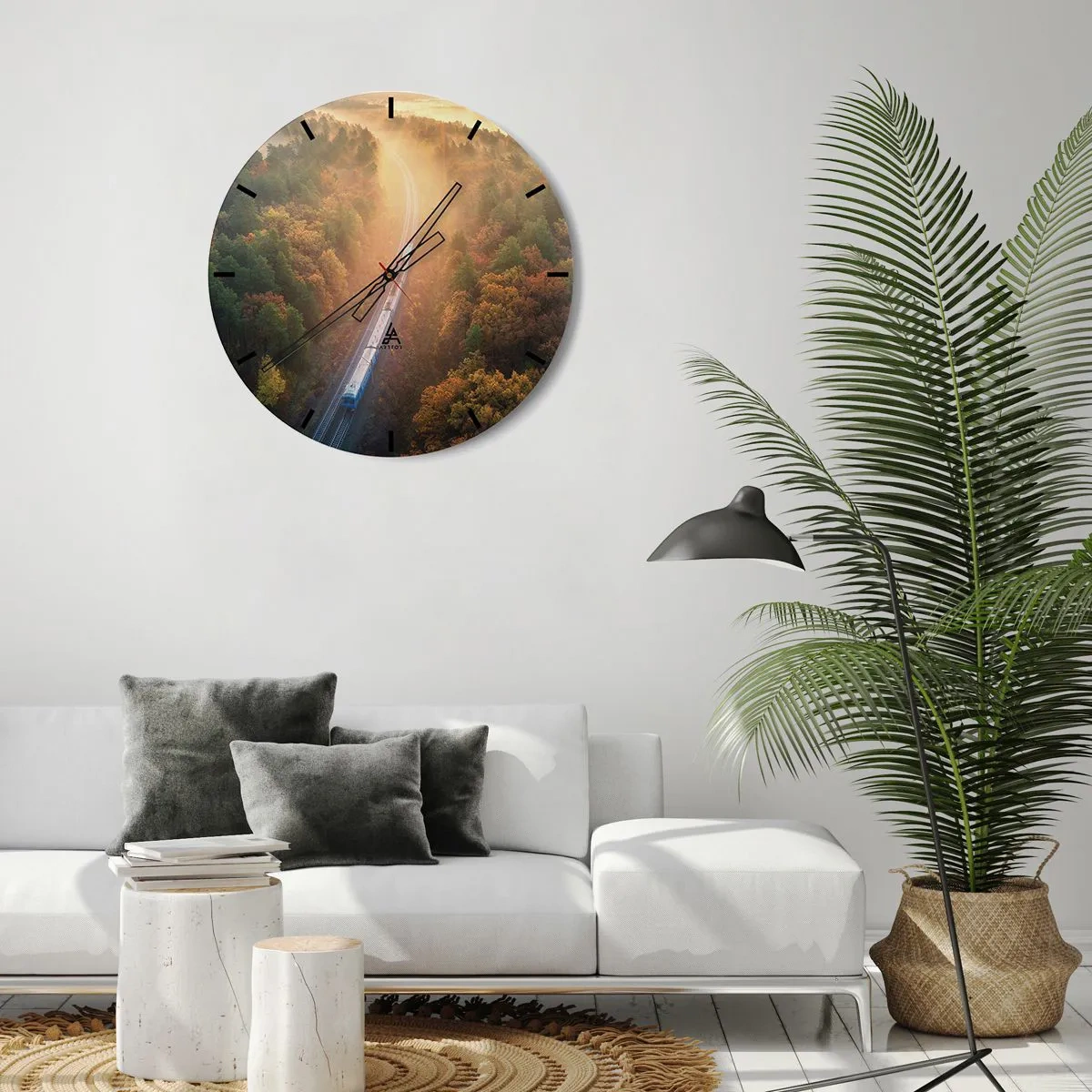 Wanduhr - Glasuhr - Ein Zug fährt im Morgennebel durch einen herbstlichen Wald - 30x30cm - Herbstreise - Moderne Wanddekoration für Wohnzimmer, Küche und Schlafzimmer ARTTOR
