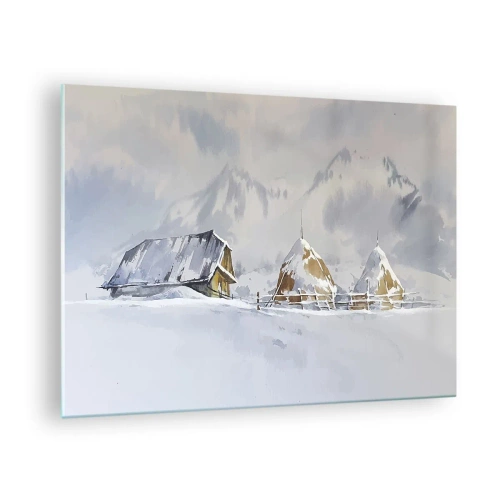 Glasbild - Bild auf glas - Winterlandschaft mit Hütte und Heuhaufen in den Bergen - 70x50cm - In einem verschneiten Talkessel - Moderne Wanddekoration für Wohnzimmer und Schlafzimmer ARTTOR