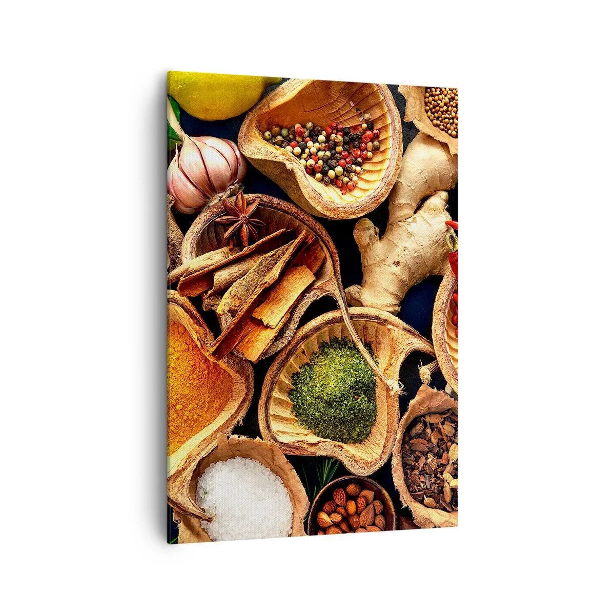 Bild auf Leinwand - Leinwandbild - Schalen mit Gewürzen in verschiedenen Farben - 70x100cm - Nimm was du willst - Moderne Wanddekoration für Wohnzimmer und Schlafzimmer ARTTOR