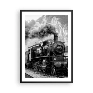 Poster in einem schwarzem Rahmen - Eine Dampflokomotive mit aufsteigendem Dampf in einer bergigen Umgebung - 50x70cm - Steht am Bahnhof ... - Moderne Wanddekoration für Wohnzimmer und Schlafzimmer ARTTOR