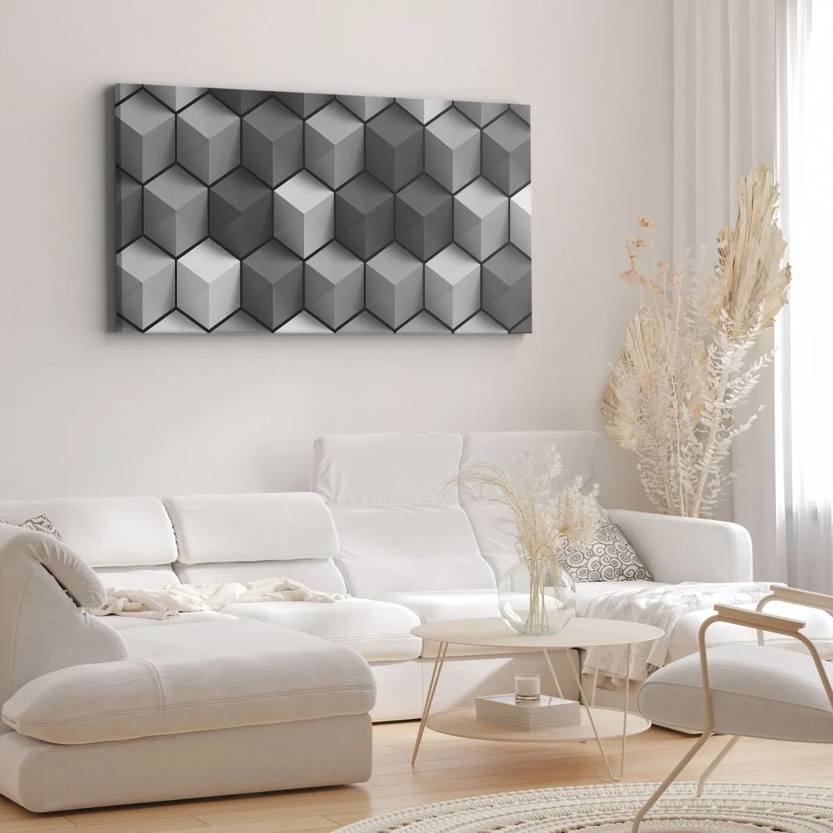Bild auf Leinwand - Leinwandbild - Geometrische Komposition aus Würfeln in Grau- und Schwarztönen - 160x50cm - Kubistisches Puzzle - Moderne Wanddekoration für Wohnzimmer und Schlafzimmer ARTTOR