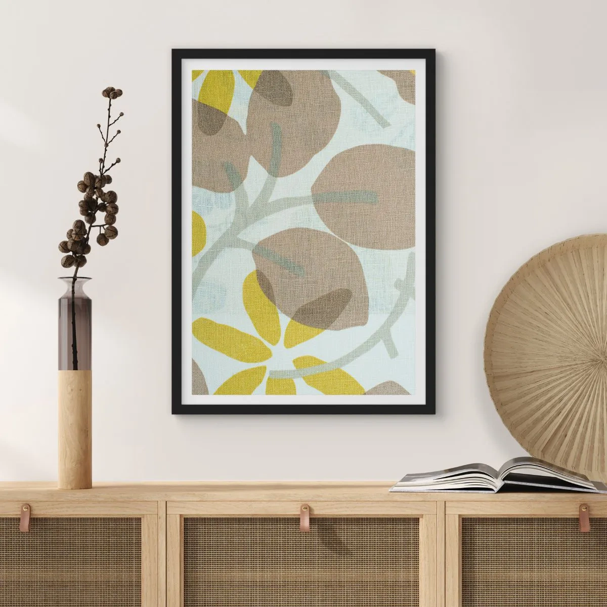 Poster in einem schwarzem Rahmen - Zarte botanische Grafiken in natürlichen Farben - 50x70cm - Komposition in voller Sonne - Moderne Wanddekoration für Wohnzimmer und Schlafzimmer ARTTOR
