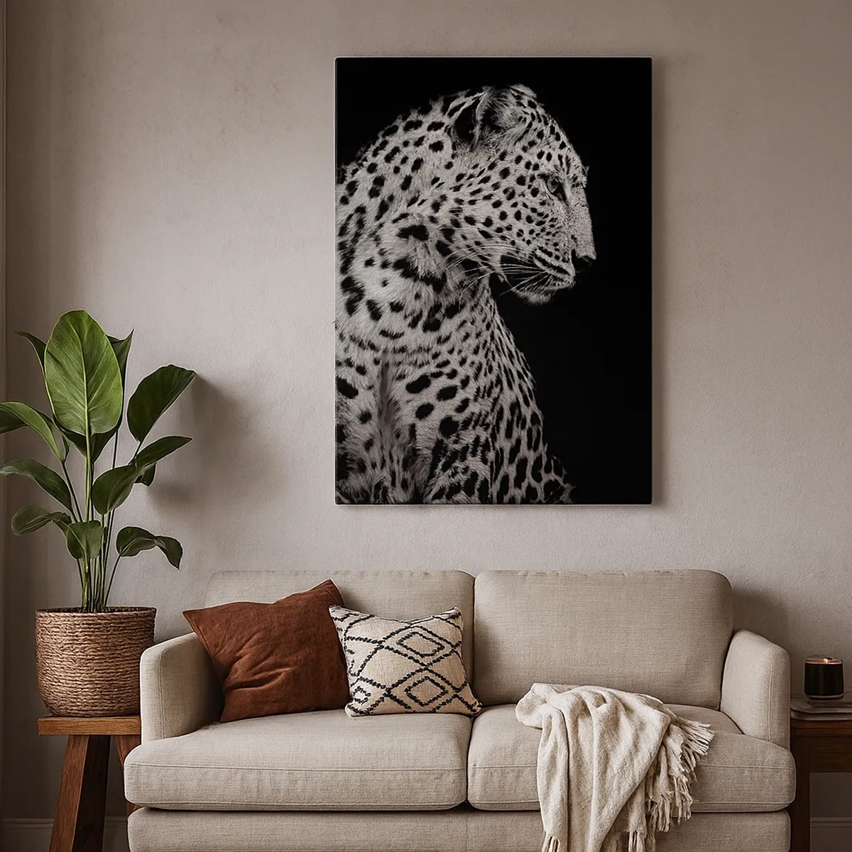 Bild auf Leinwand - Leinwandbild - Schwarz-Weiß-Bild eines Leoparden auf schwarzem Hintergrund - 50x70cm - Rechtes Profil perfekt! - Moderne Wanddekoration für Wohnzimmer und Schlafzimmer ARTTOR