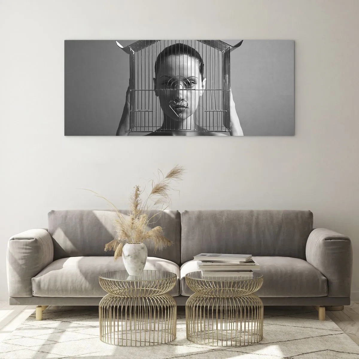Glasbild - Bild auf glas - Frau hinter einem Käfig im surrealen Stil - 140x50cm - Ein leicht surreales Portrait - Moderne Wanddekoration für Wohnzimmer und Schlafzimmer ARTTOR
