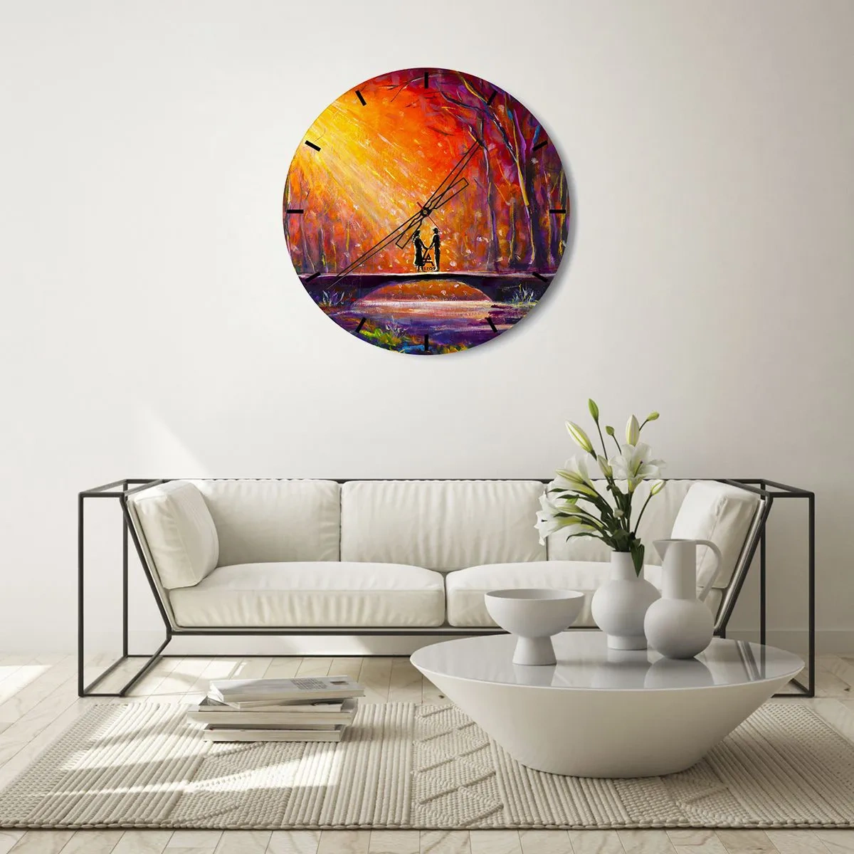 Wanduhr - Glasuhr - Farbenprächtiger Sonnenuntergang über einer Brücke im Wald - 30x30cm - Der Himmel liebt sie auch - Moderne Wanddekoration für Wohnzimmer, Küche und Schlafzimmer ARTTOR