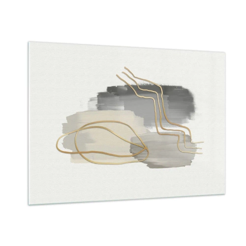 Glasbild - Bild auf glas - Abstraktion mit grauen Flecken und goldenen Linien auf hellem Hintergrund - 100x70cm - Dauer und Bewegung - Moderne Wanddekoration für Wohnzimmer und Schlafzimmer ARTTOR