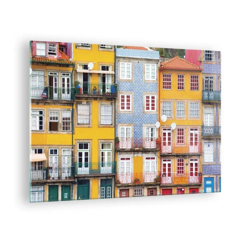 Glasbild - Bild auf glas - Bunte Fassaden von Mietshäusern mit Balkondetails - 70x50cm - Farben der Altstadt - Moderne Wanddekoration für Wohnzimmer und Schlafzimmer ARTTOR